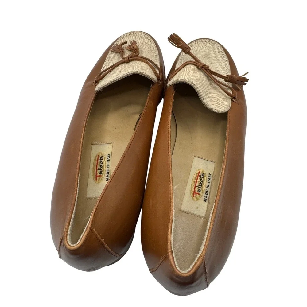Talbots Womens 7.5W Brown Leather Canvas Tassel Loafers Made in Italy Vero Cuoio